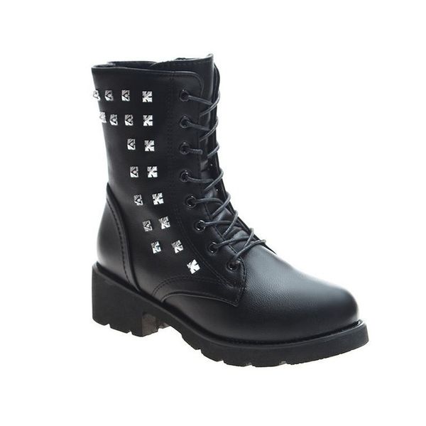 

motorcycle rivet boots solid black leather boots female lace up ankle for women shoes woman square mid heels winter