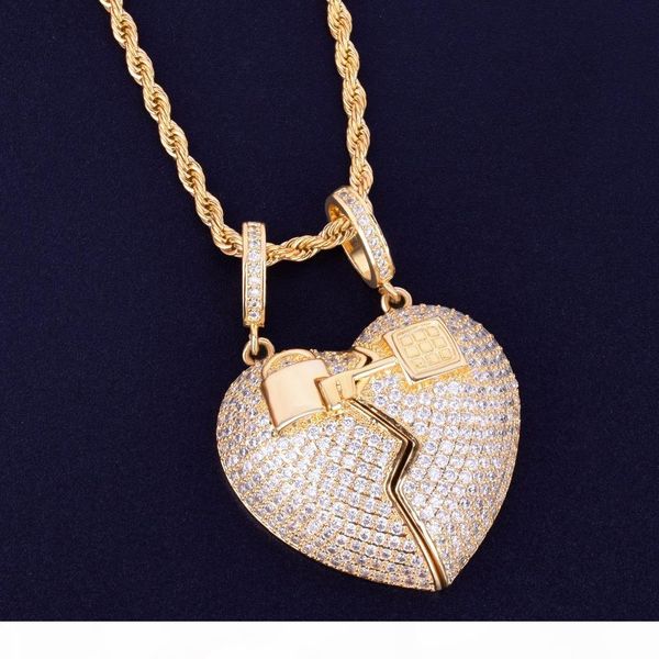 

couple key heart pendant pendant necklace 3mm rope chain gold silver cubic zirconia men's hip hop rock jewelry 5x3.5cm