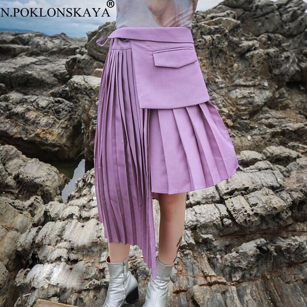 

pleated women skirts irregular patchwork pocket lace up high waist midi skirt female 2020 autumn office lady clothes casual, Black