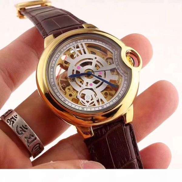 

men watches fashion genuine leather skeleton dial mechanical automatic watch for men's dress wristwatches dropshipping, Slivery;brown