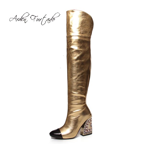 

arden furtado fashion women's shoes winter elegant ladies boots mature gold white knee high boots suede thigh high 43, Black