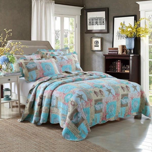 

chausub blue bedspreads quilt set 3pcs cotton quilts ocean style quilted bed cover pillow with 2 shams print coverlet king size