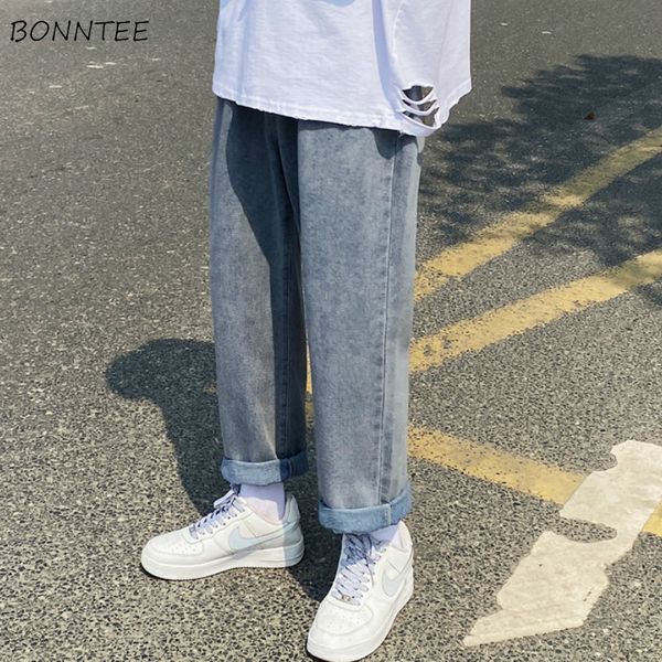 

jeans men blue washed straight loose mens casual trendy korean style harajuku retro couples pockets ankle-length ulzzang ins new