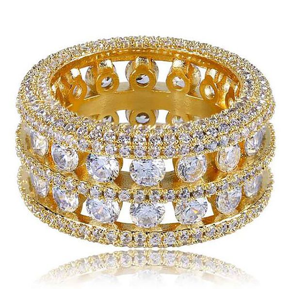 

mens 2 row channel set hollow 360 eternity band gold cz bling ring full simulated diamonds micro pave set stones hip hop rings, Slivery;golden