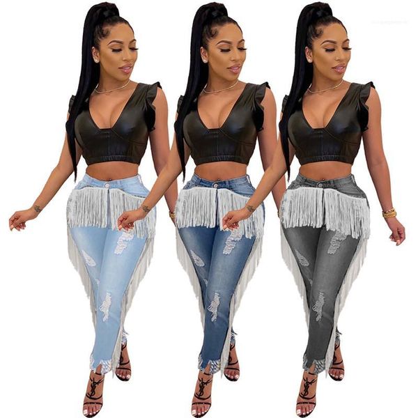 

personality ripped long tassel pants fashion street style female clothing womens designer pencil jeans solid printed, Blue