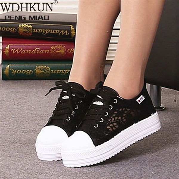

wdhkun women's casual cutouts lace canvas shoes hollow floral breathable platform flat shoe white black size 35-42