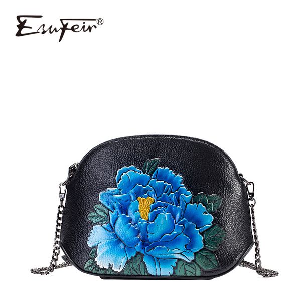 

2020 esufeir brand design cow leather women shell bag vintage embossed flower zipper chain women crossbody bag messeng