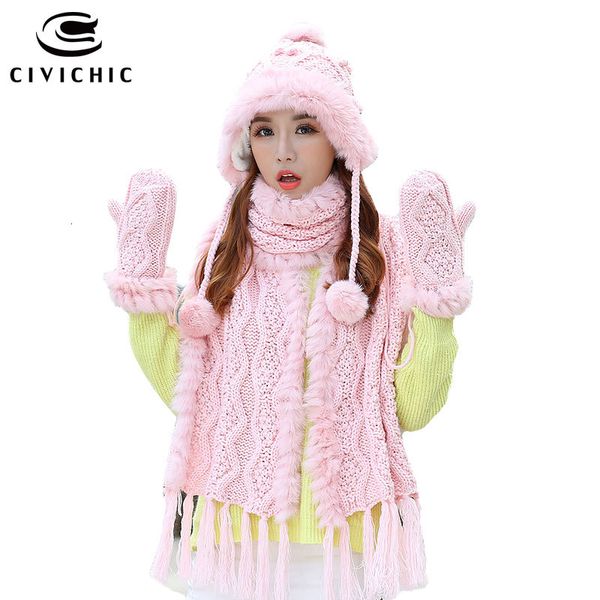 

civichic grade warm set woman rabbit fur hat scarf glove 3 pcs knit pompon beanies thicken mitten weave tassel shawl sh193, Blue;gray