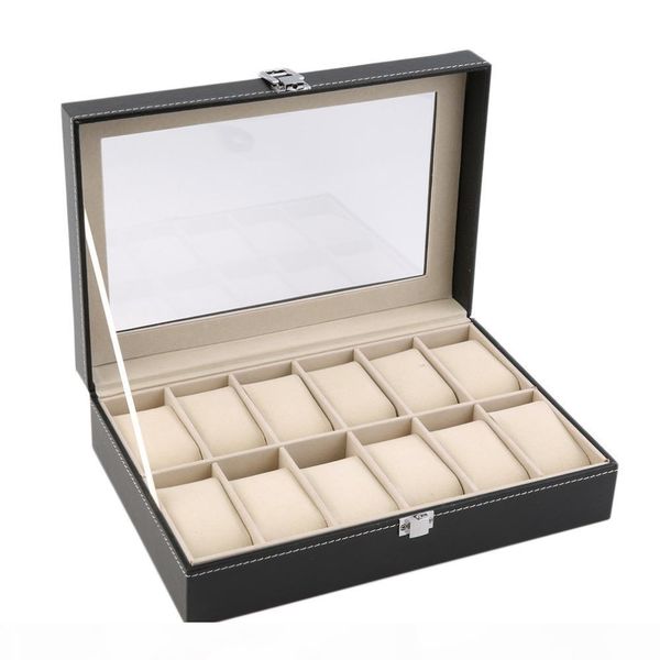 

outad 10 12 slots grid pu leather watch display box jewelry storage organizer case locked watch display box, Black;blue