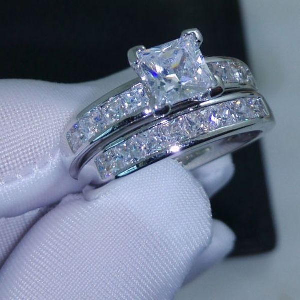 

luxury size 5/6/7/8/9/10 jewelry 10kt white gold filled z princess cut simulated diamond wedding ring set gift with box, Silver