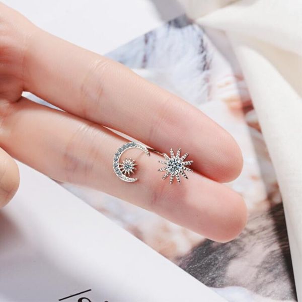 

new arrival asymmetry wild fashion 925 sterling silver jewelry star and moon crystal two colors exquisite stud earrings se465, Golden;silver