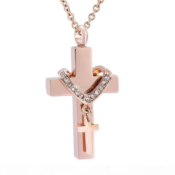 

crystal double cross ashes keepsake memorial jewelry stainless steel ashes keepsake cremation urn necklace, Silver