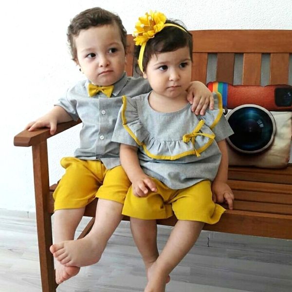 

sister brother matching clothes sets short sleeve tee & yellow shorts siblings matching summer infant twins outfits suits f0045, Blue