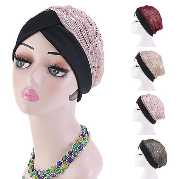 

2020 spring new sequin mesh ruffle turban women muslim hat hair loss chemo cap headwrap female hair loss hat accessories, Blue;gray