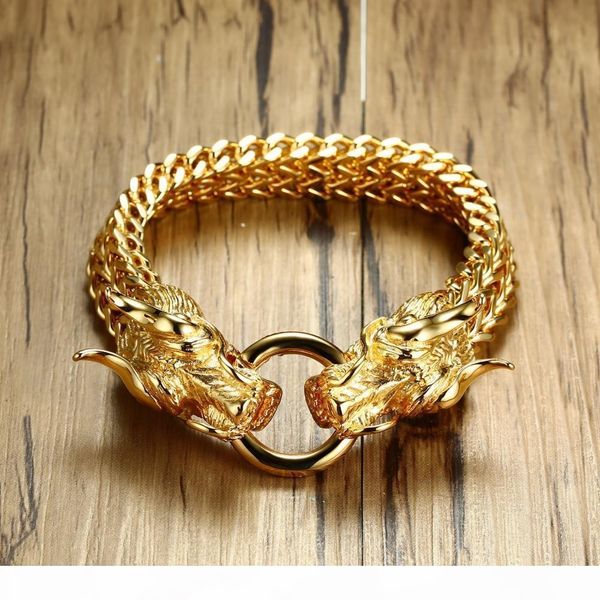 

men's punk double dragon head herringbone chain bracelet for men braslet stainless steel gold tone hip hop male jewelry 22.5cm, Black