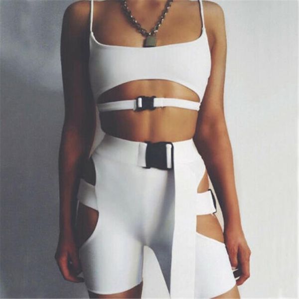 

summer women two piece set shorts set button crop hollow shorts gothic hip hop casual party clothes streetwear outfit, Gray