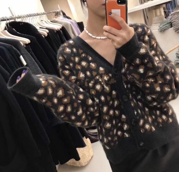 

fashion knit single breasted coat women v-neck leopard cardigan sweaters casual long sleeve sweaters, White;black