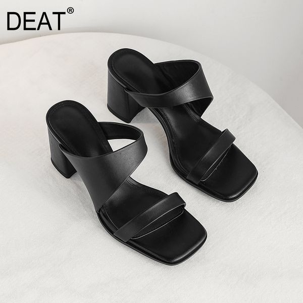 

deat] 2020 new spring summer square toe shallow black genuine leather temperament high heels slippers women shoes tide 10g829
