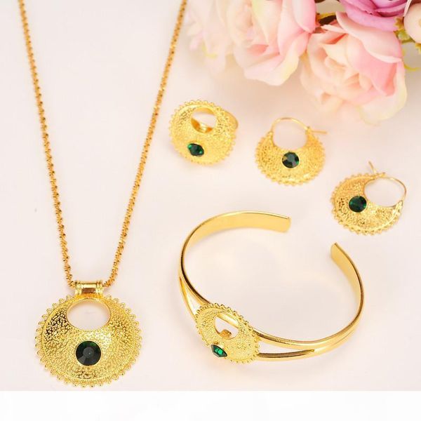 

ethiopian set jewelry pendant earrings ring bangle 24k yellow solid gold gf cz green blue africa bride wedding eritrea party, Black