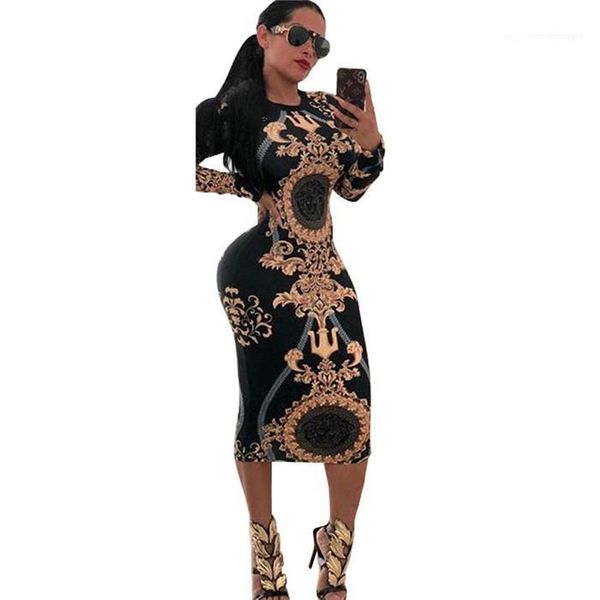 

crew neck style female clothing casual apparel womens summer designer floral print dresses long sleeve, Black;gray