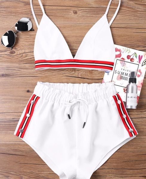 

fashion two pieces women set bra crop with high cut tie elastic waist shorts suit outfits beachwear women sets, Gray