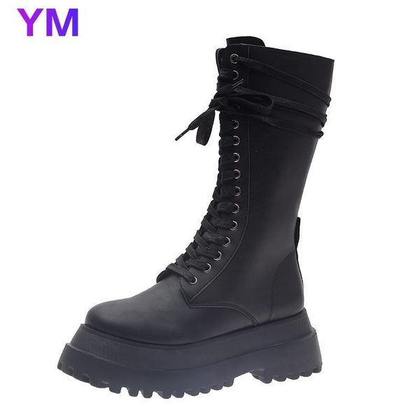 

boots 2021 pu leather thick sole motorcycle women retro punk height increasing long lace-up round toe woman booties zipper, Black