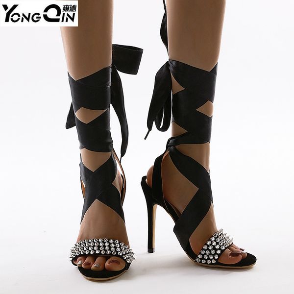 

new rome style rivet high heel sandals thin heel pumps women size 35-42, Black