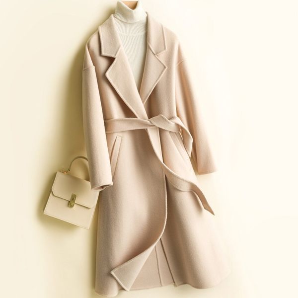 

100% wool 2020 new spring beige wool coat for women medium long slim double faced woolen coat women's woolen belt cashmere, Black