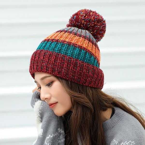 

new winter hat for women ski women's cap rainbow colorful wool knitted hat with pompoms female warm skullies beanies, Blue;gray