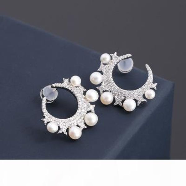 

европейский и американский стиль new silver star moon pearl серьги элегантный день серьги валентина подарки циркон уха ювелирные изделия опт, Golden;silver