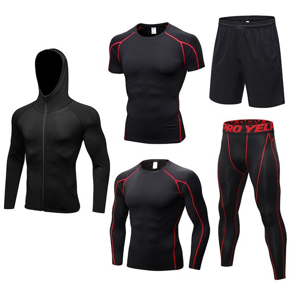 

2020 new men's running sets 5pcs/sets compression sport suits basketball training tights clothes gym fitness jogging sportswear, Black;white
