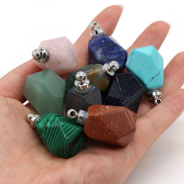 

natural stone charm pendant polygon shape perfume bottle for jewelry making handmade diy necklace accessories size 25x37mm, Bronze;silver
