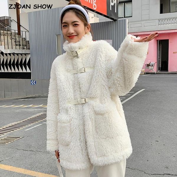 

white winter stand collar curly hairy shaggy sheep fur jacket buckle belt button keep warm furry faux fur women coat outerwear, Black