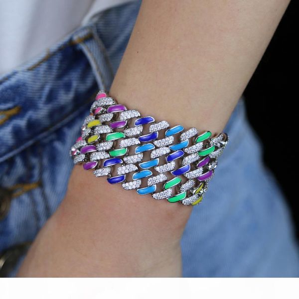 

2020 hip hop colorful glaze drop cuban chain rainbow charm bracelet for women girls colorful wedding jewelry gift, Golden;silver