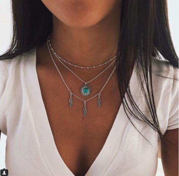 

european and american new creative necklace three feather sun bead chain multilayer necklace, Silver