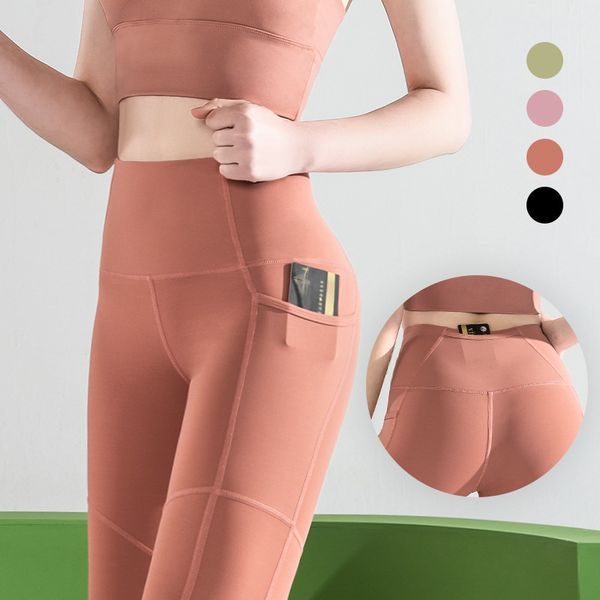 

yoga outfits pants female spring pocket stitching sense high elastic running waist sports tight fitness nine points leggings, White;red