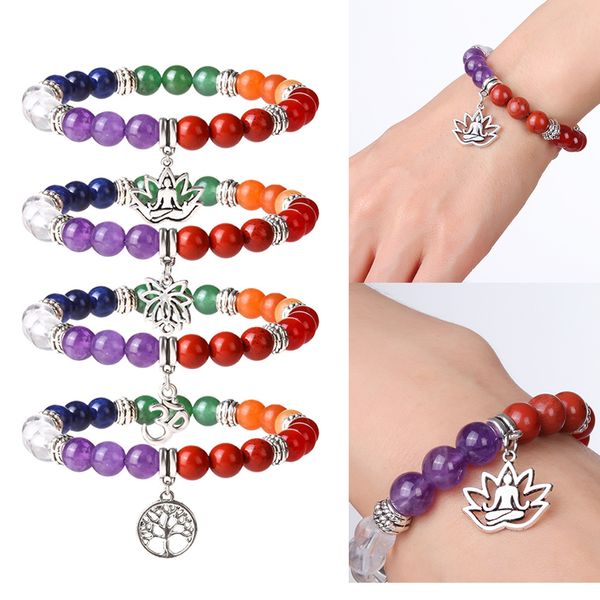 Pulseira colorida da ￡rvore da vida ioga 7 Chakra Power Stone Stone Strands Bracelets curando o equil￭brio de ora￧￣o de reiki para mulheres