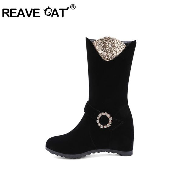 

boots reavecat winter warm mid-calf round toe wedges height increasing flock metal zipper big size 33-46 black red daily a3100