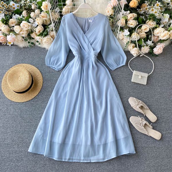 

2020 autumn winter casual solid elegant slim v neck dress a line puff sleeve high waist mid-calf women long dress, Black;gray