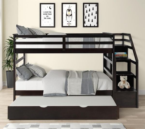 

us stock twin-over-twin bunk bed with twin size trundle and 3 storage drwers espresso lp000064aap