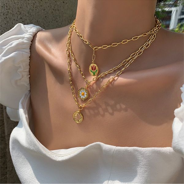 

2020 ins new classic chic geometric plated gold metal daisy link chain chokers pendant necklace for women girls jewelry, Silver