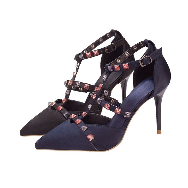 

women new style fashion high heels colorized rivet silks satins shoes narrow band ankle strap pointed thin heels pumps, Black