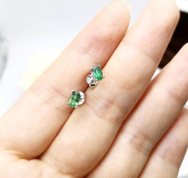 

3*5mm natural emerald earrings women green gemstone jewelry cost-effective sterling silver 925 stud earrings01, Golden;silver