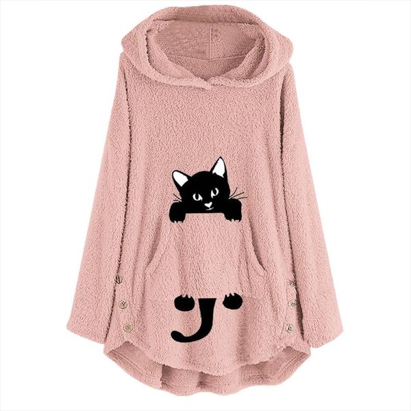

толстовка cat вышивки с длинным рукавом толстовки kawaii зимние куртки женщины флис сохранить теплые кнопки карманный толстовка пуловер паль, Black