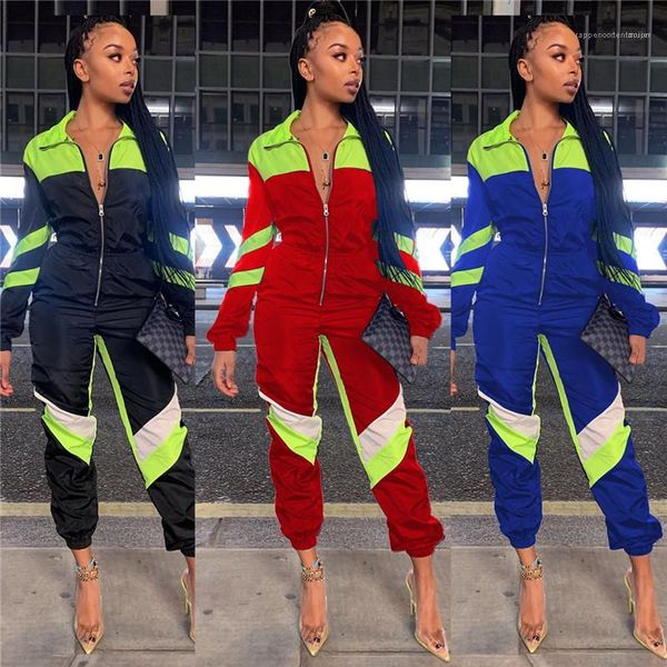 

clothing autumn womens designer jumpsuits zipper neck contrast color panelled long sleeve rompers sports style female, Black;white