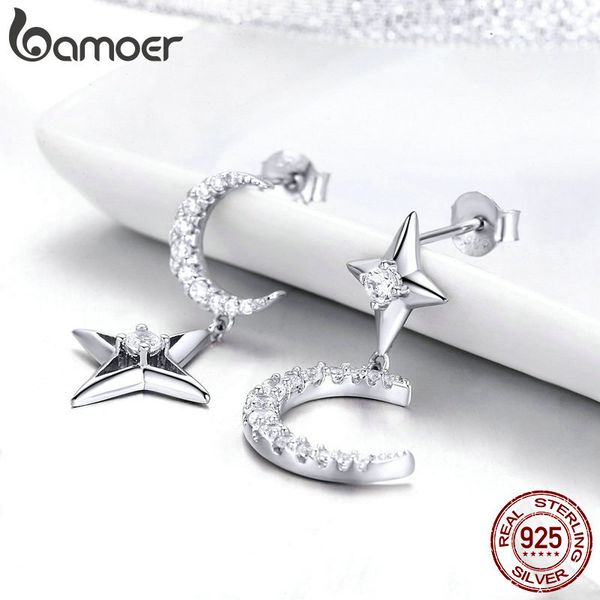 

bamoer authentic 925 sterling silver moon & star dangle earrings for women clear cubic zircon earrings wedding jewelry bse050 200923