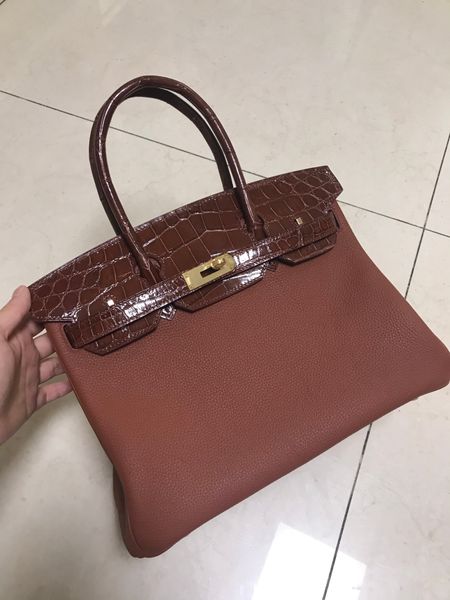

factory wholesale real crocodile+togo dark brown briikin handbag 30cm,fully handmade wax threadgold and silver hardware,fast delivery