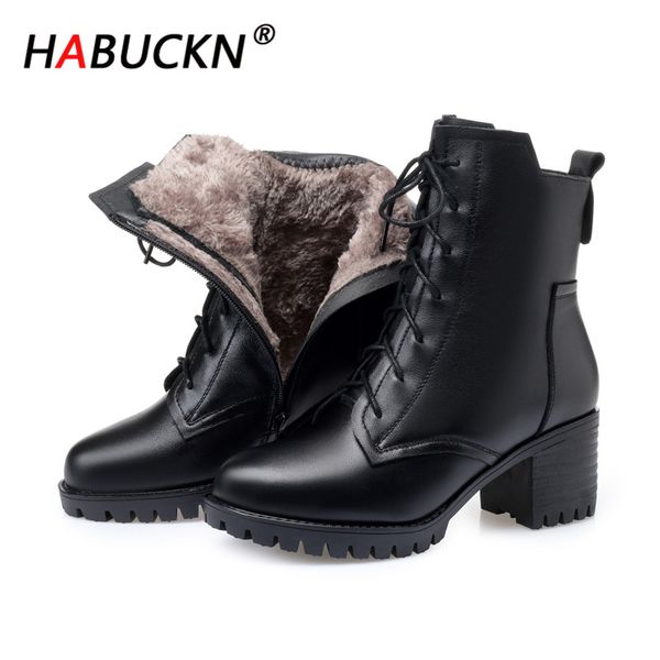 

habuckn boots women genuine leather high-heeled large size motorcycle boots women new wool warm winter for, Black