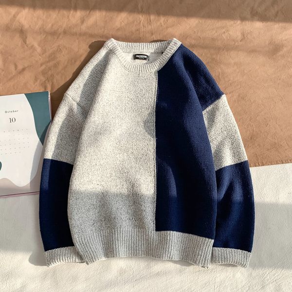 

okkdey 2020slim fitting crew neck hong kong style sweater men's korean version slim matching color trend bottoming sweater youth, White;black