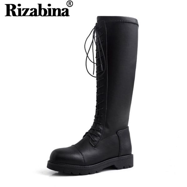 

rizabina women genuine leather knee high boots flats platform motorcycle boots round toe office ladies footwear size 34-39, Black